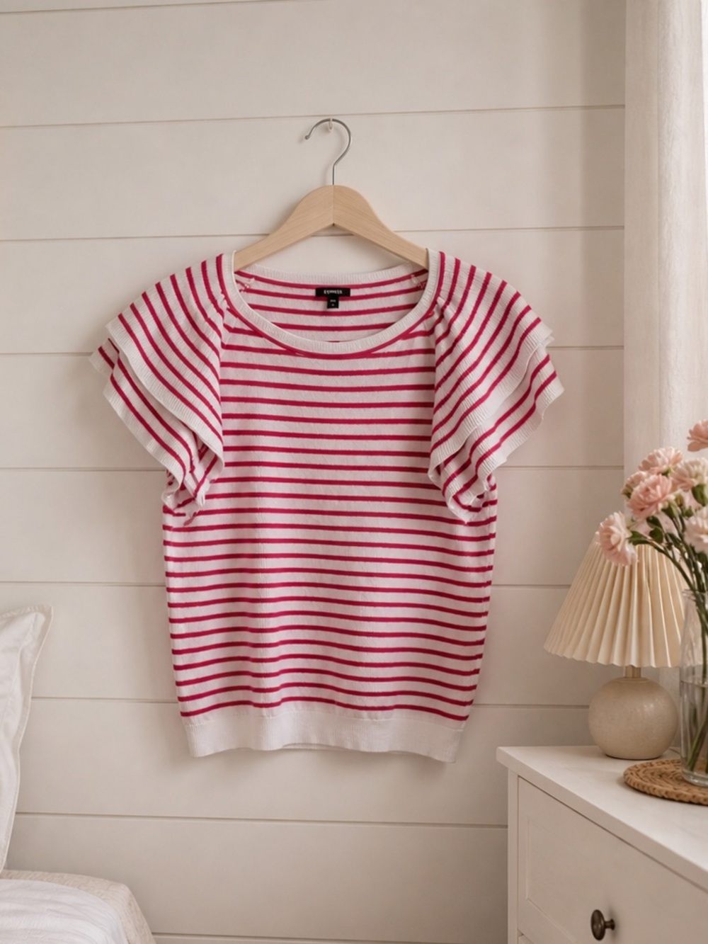 Express Pink White Striped Flutter Sleeve Knit Top Preppy Coastal Summer